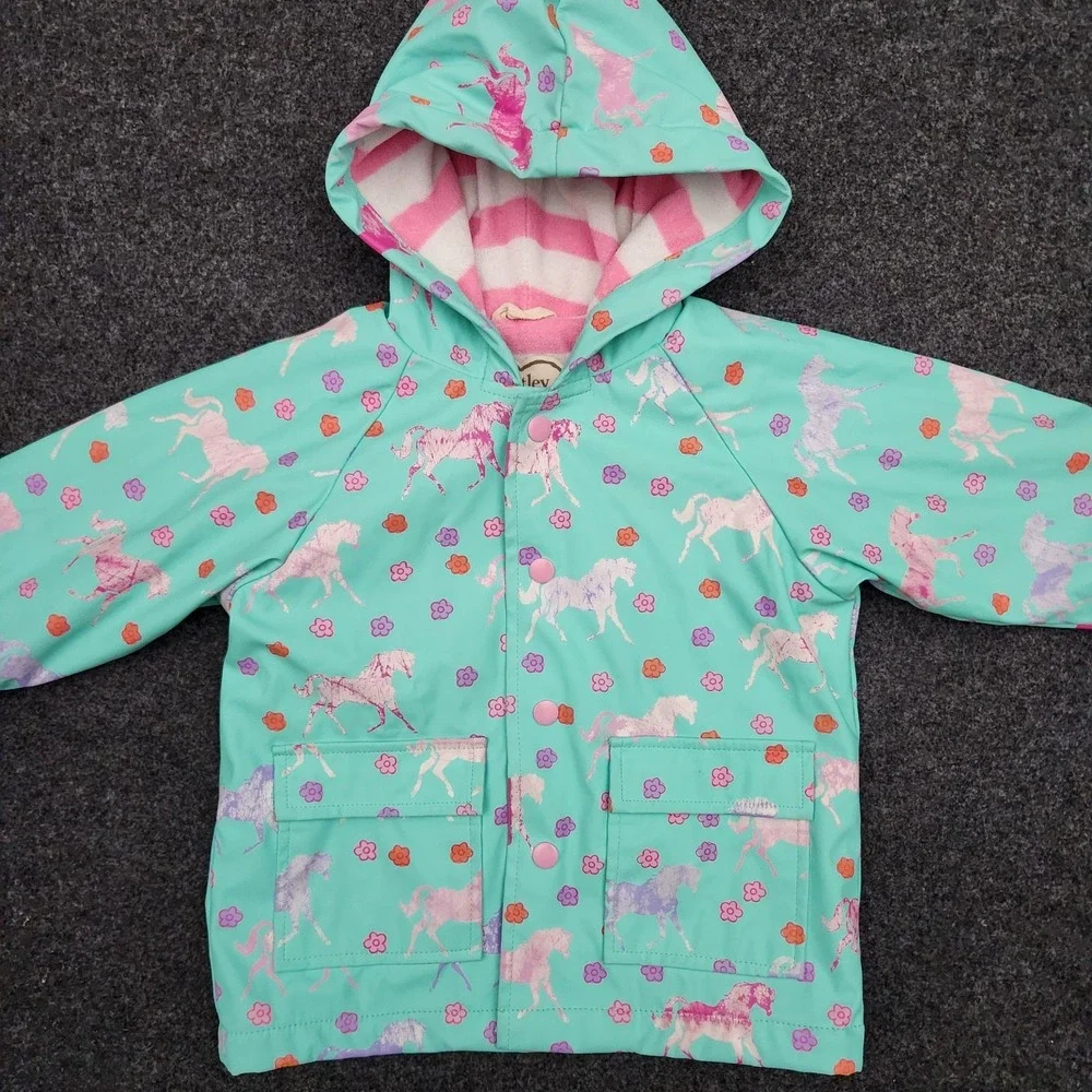 Hatley‎ Girls 18-24 Months Blue Horse Flower Snap Button-Up Rain Jacket Hooded